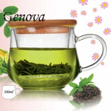 لیوان دمنوش (چای سبز و...) پیرکس با صافی پیرکس و درب چوبی 300 میلی لیتر جنوا (Genova Tea Glass + Filter + Lid TM-40B 300ml)