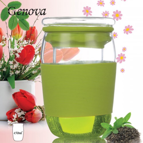 لیوان دمنوش (چای سبز و...) تمام پیرکس با کمربند سیلیکونی 450 میلی لیتر جنوا (Genova Tea Glass + Filter + Lid TM-45S 450ml)